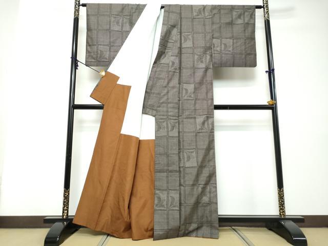 平和屋着物●本場大島紬　9マルキ　変わり格子花文　正絹　逸品　DABI9107ud