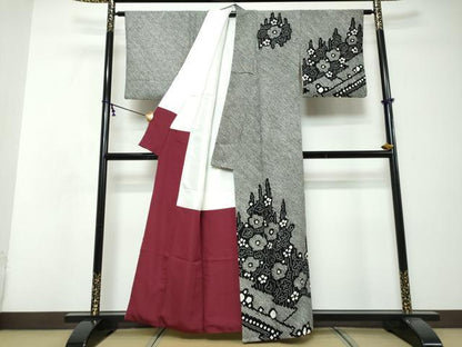 平和屋着物●訪問着　総絞り　草花文　黒地　正絹　逸品　DABI9110ud