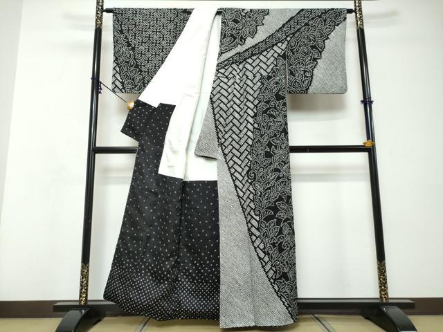 平和屋着物●訪問着　総絞り　吉祥草花文　黒地　正絹　逸品　DABI9115ud