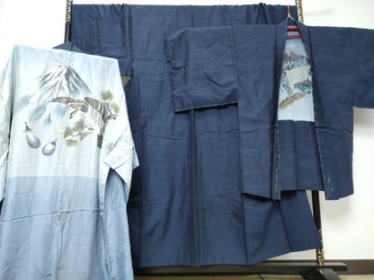 平和屋着物●男性　結城紬　杢　アンサンブル　長襦袢セット　長羽織　濃藍色　キングサイズ　正絹　逸品　DABI9121ud