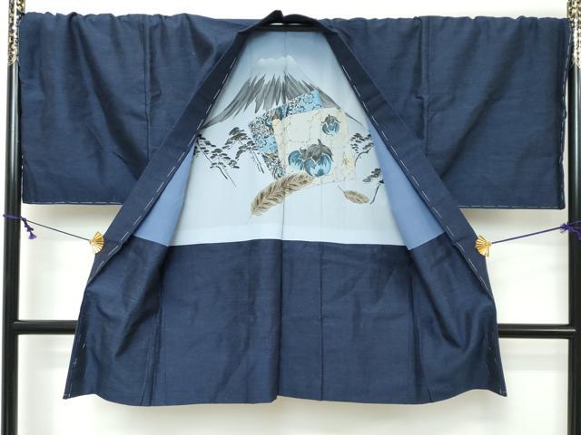 平和屋着物●男性　結城紬　杢　アンサンブル　長襦袢セット　長羽織　濃藍色　キングサイズ　正絹　逸品　DABI9121ud