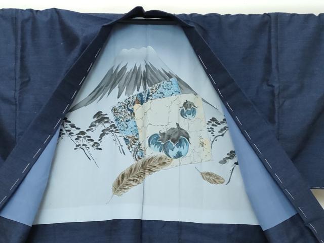 平和屋着物●男性　結城紬　杢　アンサンブル　長襦袢セット　長羽織　濃藍色　キングサイズ　正絹　逸品　DABI9121ud