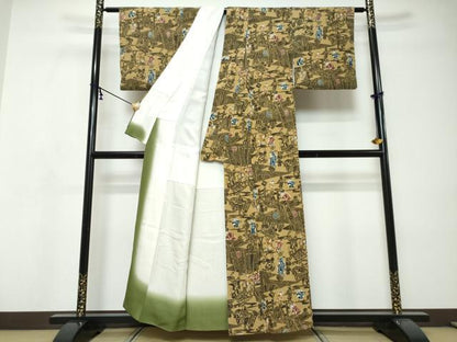 平和屋着物●上質な小紋　型染め　人物風景文　鬼しぼ縮緬　正絹　逸品　DABI9126ud