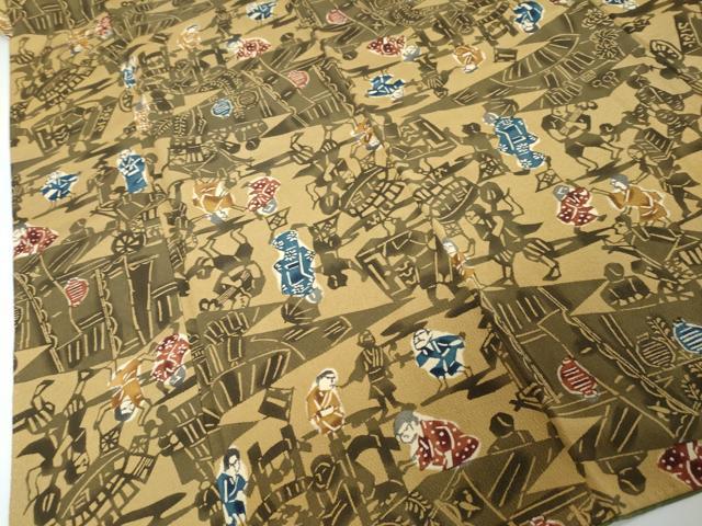 平和屋着物●上質な小紋　型染め　人物風景文　鬼しぼ縮緬　正絹　逸品　DABI9126ud