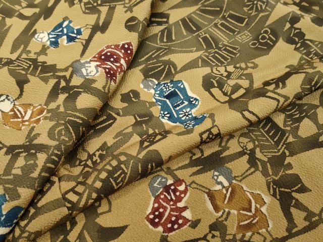 平和屋着物●上質な小紋　型染め　人物風景文　鬼しぼ縮緬　正絹　逸品　DABI9126ud