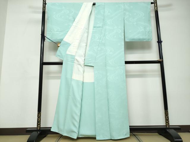 平和屋着物●上質な色無地　流水舞葉地紋　白群色　正絹　逸品　未使用　DABI9129ud