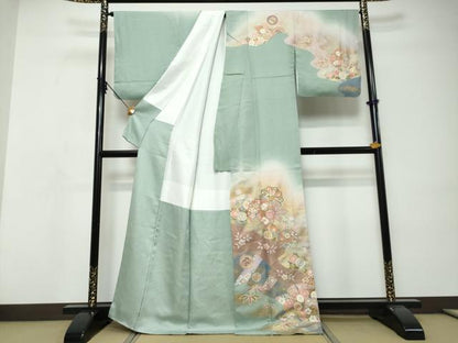 平和屋着物●訪問着　駒刺繍　地紙草花文　暈し染め　金彩　正絹　逸品　DABI9136ud
