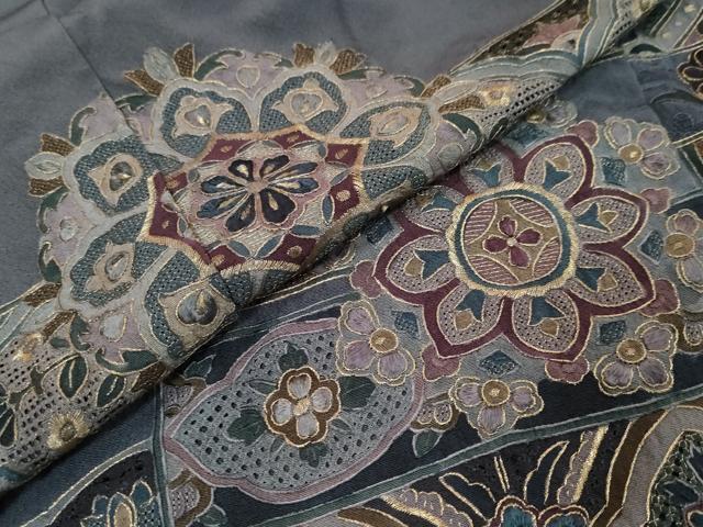 平和屋着物●中国三大刺繍　スワトウ刺繍　汕頭刺繍　訪問着　横段吉祥草花文　金糸　正絹　逸品　DABI9145ud