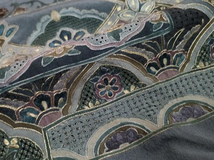 平和屋着物●中国三大刺繍　スワトウ刺繍　汕頭刺繍　訪問着　横段吉祥草花文　金糸　正絹　逸品　DABI9145ud
