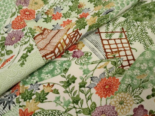 平和屋着物●上質な小紋　型染め　風景草花文　正絹　逸品　未使用　DABI9149ud