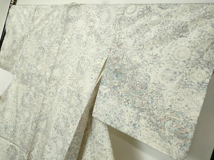 平和屋着物●訪問着　紬地　更紗花絵皿文　正絹　逸品　DABI9157ud