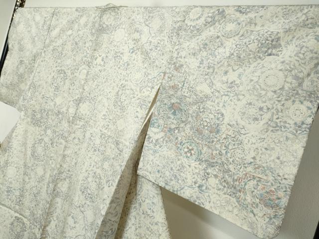 平和屋着物●訪問着　紬地　更紗花絵皿文　正絹　逸品　DABI9157ud