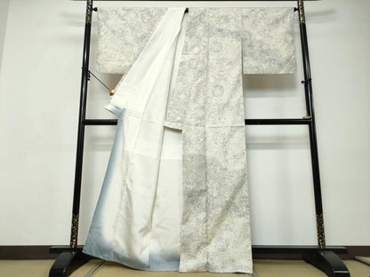平和屋着物●訪問着　紬地　更紗花絵皿文　正絹　逸品　DABI9157ud