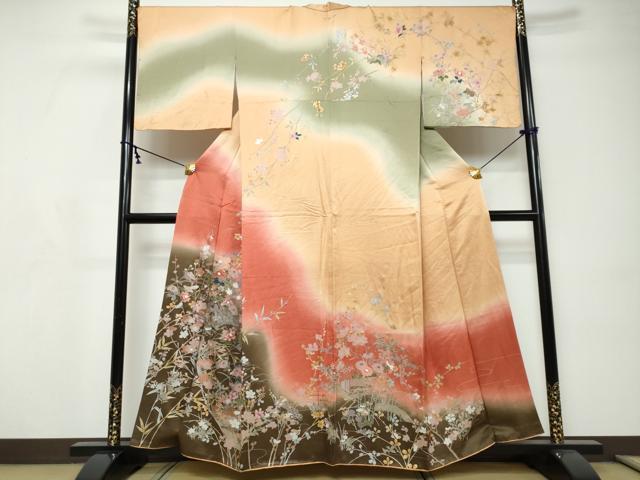 平和屋着物●訪問着　風景花鳥文　暈し染め　金彩　正絹　逸品　DABI9167ud