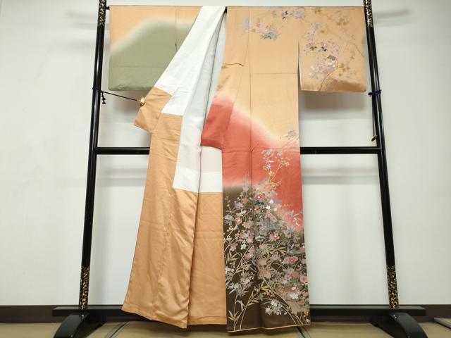 平和屋着物●訪問着　風景花鳥文　暈し染め　金彩　正絹　逸品　DABI9167ud