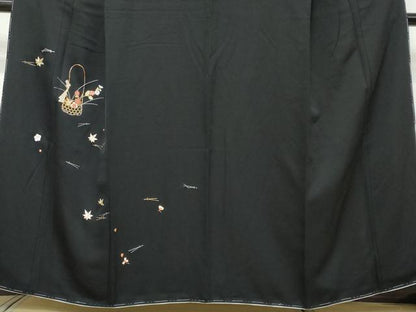 平和屋着物●訪問着　総刺繍　花籠文　黒地　金糸　正絹　逸品　未使用　DABI9183ud
