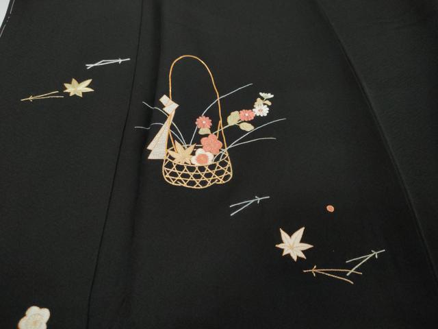 平和屋着物●訪問着　総刺繍　花籠文　黒地　金糸　正絹　逸品　未使用　DABI9183ud