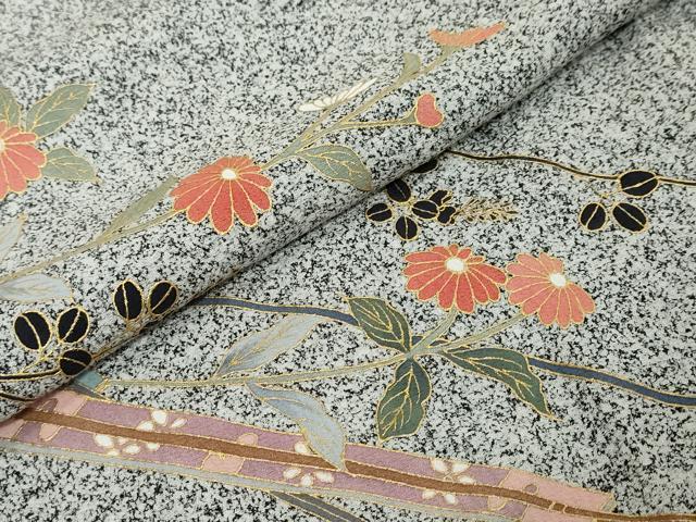 平和屋着物●訪問着　扇面草花文　たたき染め　金彩　正絹　逸品　DABI9198ud