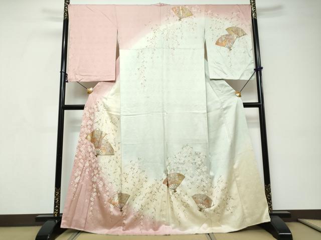 平和屋着物●訪問着　扇面草花文　暈し染め　金彩　松坂屋扱い　正絹　逸品　DABI9199ud