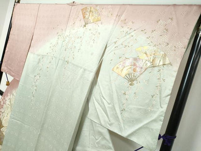 平和屋着物●訪問着　扇面草花文　暈し染め　金彩　松坂屋扱い　正絹　逸品　DABI9199ud