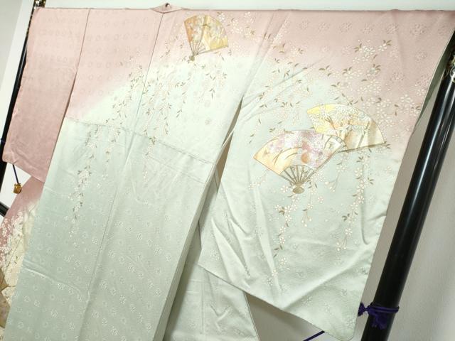 平和屋着物●訪問着　扇面草花文　暈し染め　金彩　松坂屋扱い　正絹　逸品　DABI9199ud