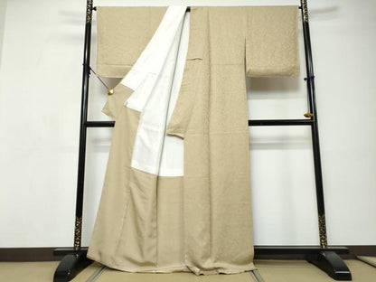 平和屋着物●上質な色無地　南天地紋　白橡色　正絹　逸品　未使用　DABI9215ud