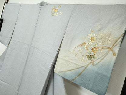 平和屋着物●訪問着　駒刺繍　飛鶴草花文　暈し染め　金彩　正絹　逸品　DABI9217ud