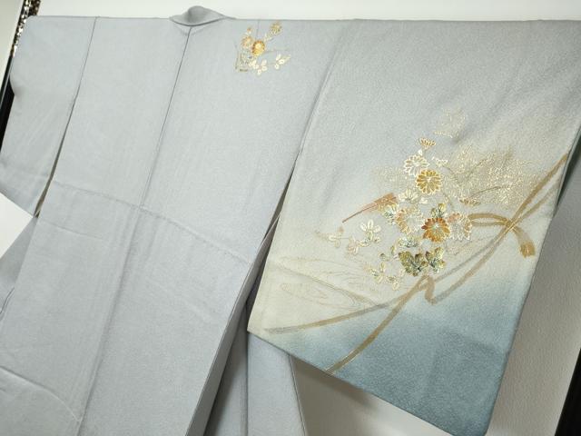 平和屋着物●訪問着　駒刺繍　飛鶴草花文　暈し染め　金彩　正絹　逸品　DABI9217ud
