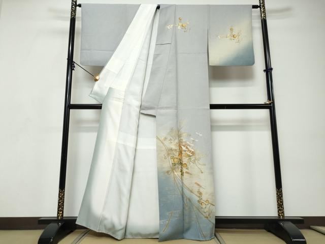 平和屋着物●訪問着　駒刺繍　飛鶴草花文　暈し染め　金彩　正絹　逸品　DABI9217ud
