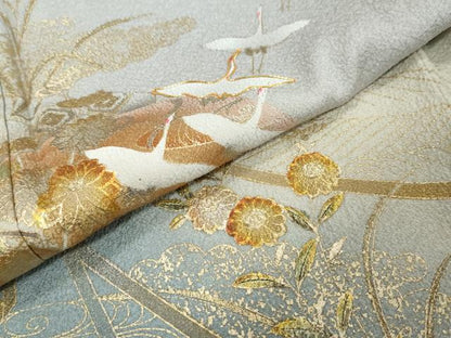 平和屋着物●訪問着　駒刺繍　飛鶴草花文　暈し染め　金彩　正絹　逸品　DABI9217ud