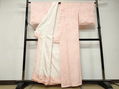 平和屋着物●上質な色無地　風景草花地紋　鴇色　正絹　逸品　DABI9242ud