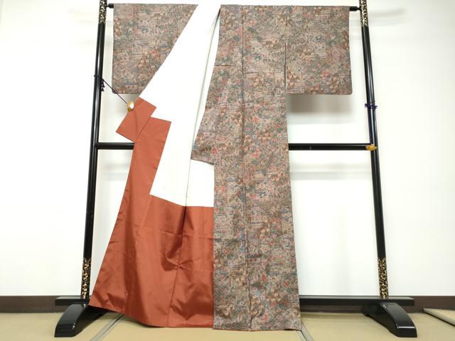 平和屋着物●本場染大島紬　切嵌更紗花文　正絹　逸品　DABI9245ud