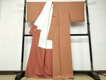 平和屋着物●江戸小紋　万筋　赤紅色×黄唐茶色　正絹　逸品　DABI9249ud