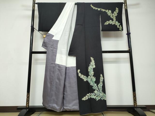 平和屋着物●訪問着　作家物　枝葉文　黒地　金彩　鬼しぼ縮緬　正絹　逸品　DABI9253ud