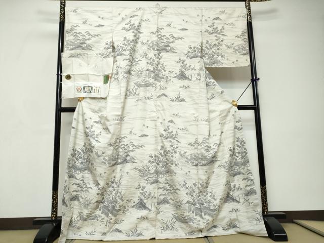 平和屋着物●二代目 川村久太郎　訪問着　結城紬　草木染　小舟風景草花文　証紙付き　正絹　逸品　DABI9264ud