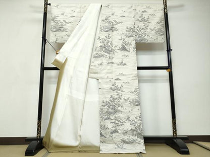 平和屋着物●二代目 川村久太郎　訪問着　結城紬　草木染　小舟風景草花文　証紙付き　正絹　逸品　DABI9264ud