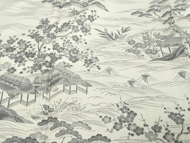 平和屋着物●二代目 川村久太郎　訪問着　結城紬　草木染　小舟風景草花文　証紙付き　正絹　逸品　DABI9264ud