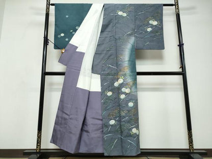 平和屋着物●訪問着　作家物　紬地　草花文　暈し染め　金彩　正絹　逸品　DABI9270ud