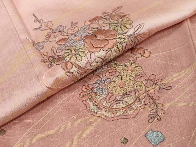 平和屋着物●中国三大刺繍　スワトウ刺繍　汕頭刺繍　訪問着　箔散らし草花文　暈し染め　金銀彩　正絹　逸品　DABI9273ud