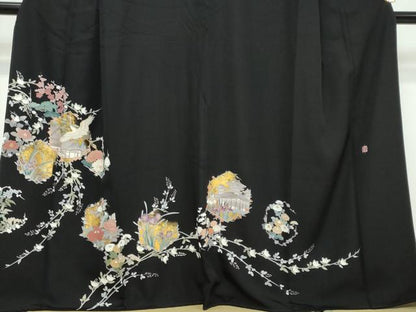 平和屋着物●豪華黒留袖　作家物　飛鶴風景花文　金彩　正絹　逸品　DABI9274ud