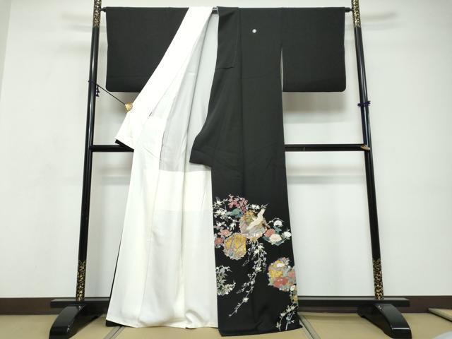 平和屋着物●豪華黒留袖　作家物　飛鶴風景花文　金彩　正絹　逸品　DABI9274ud