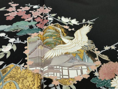 平和屋着物●豪華黒留袖　作家物　飛鶴風景花文　金彩　正絹　逸品　DABI9274ud
