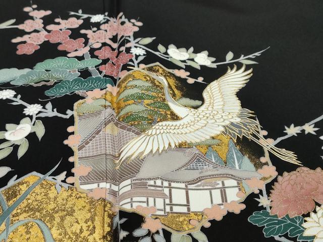 平和屋着物●豪華黒留袖　作家物　飛鶴風景花文　金彩　正絹　逸品　DABI9274ud