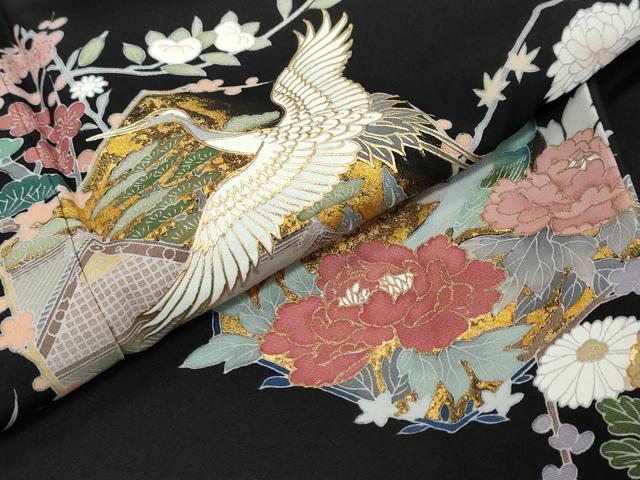 平和屋着物●豪華黒留袖　作家物　飛鶴風景花文　金彩　正絹　逸品　DABI9274ud