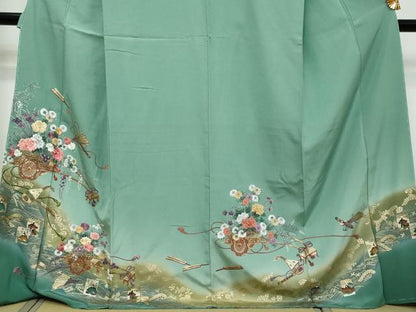 平和屋着物●訪問着　刺繍　花車文　百人一首　暈し染め　金彩　正絹　逸品　未使用　DABI9279ud