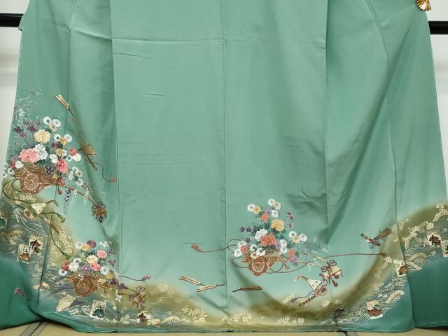 平和屋着物●訪問着　刺繍　花車文　百人一首　暈し染め　金彩　正絹　逸品　未使用　DABI9279ud