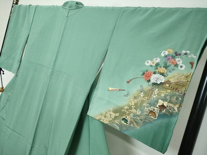 平和屋着物●訪問着　刺繍　花車文　百人一首　暈し染め　金彩　正絹　逸品　未使用　DABI9279ud