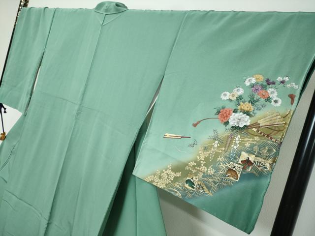 平和屋着物●訪問着　刺繍　花車文　百人一首　暈し染め　金彩　正絹　逸品　未使用　DABI9279ud