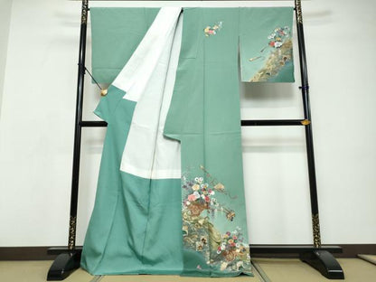 平和屋着物●訪問着　刺繍　花車文　百人一首　暈し染め　金彩　正絹　逸品　未使用　DABI9279ud