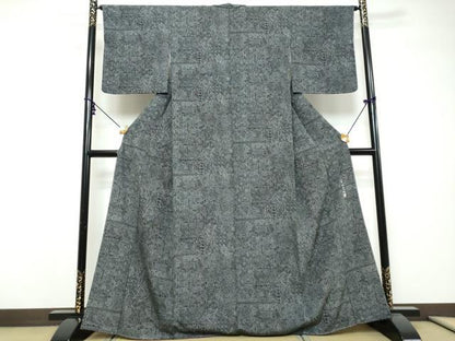 平和屋着物●小紋師　中島久雄　江戸小紋　更紗花文　黒地　正絹　逸品　DABI9287ud